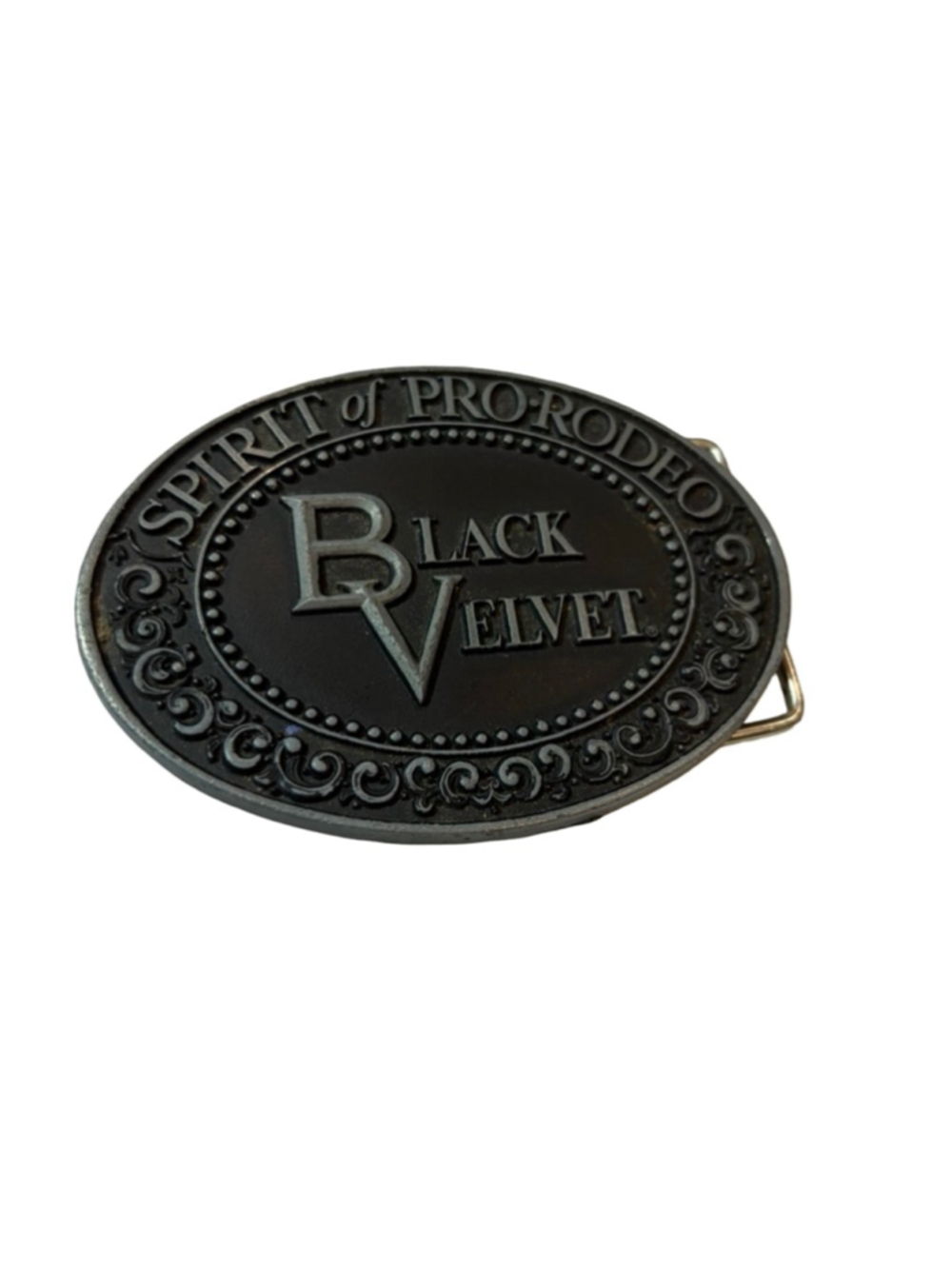 Vintage 1979 Black Velvet Belt Buckle Spirit of Pro Rodeo Whiskey Western